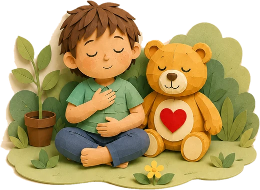 A child sitting with eyes closed and a hand on their chest, next to Heart Bear