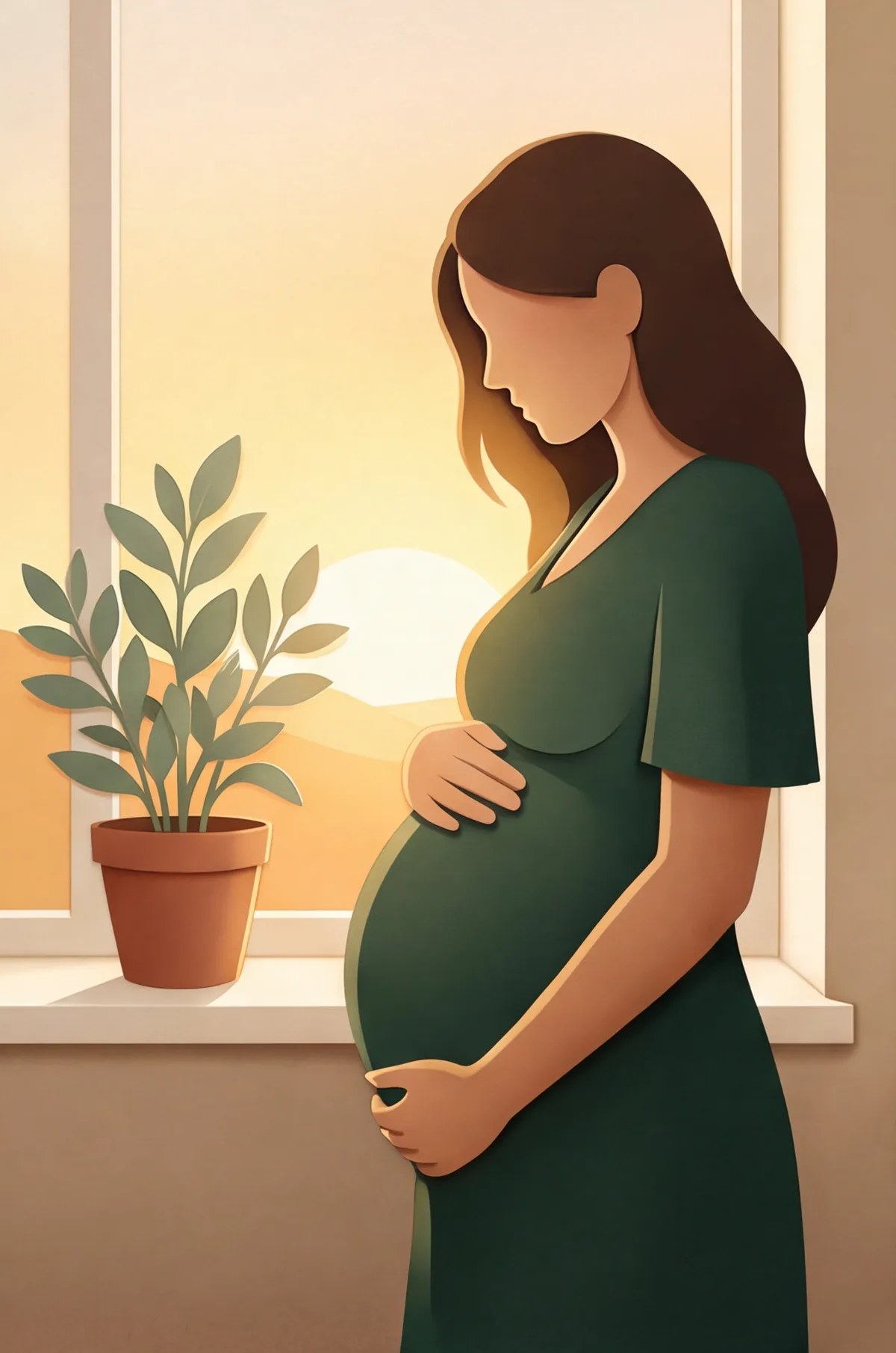 A pregnant woman standing by a sunlit window, resting a hand on her belly