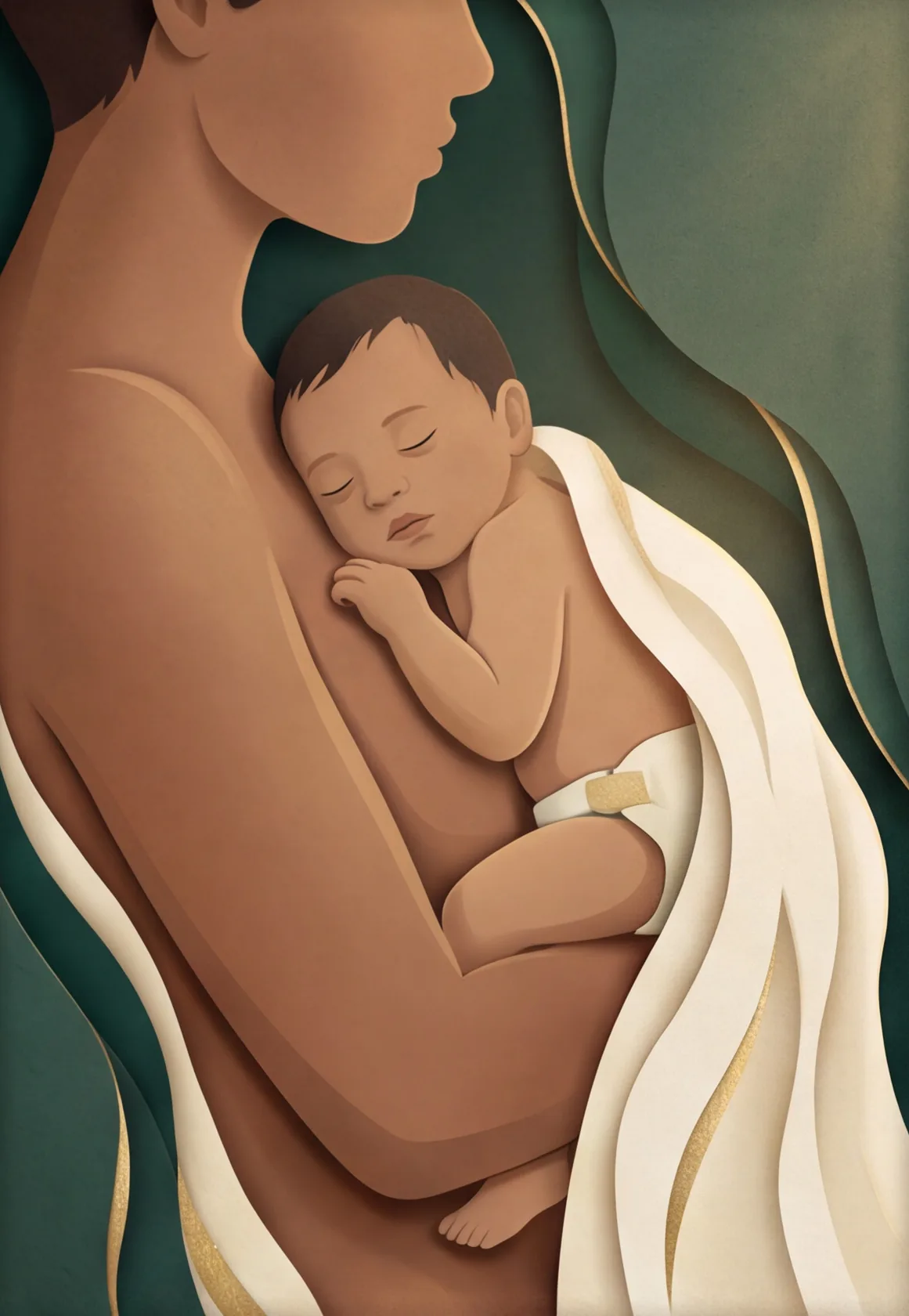 A newborn asleep against a parent’s chest, wrapped in a soft cloth