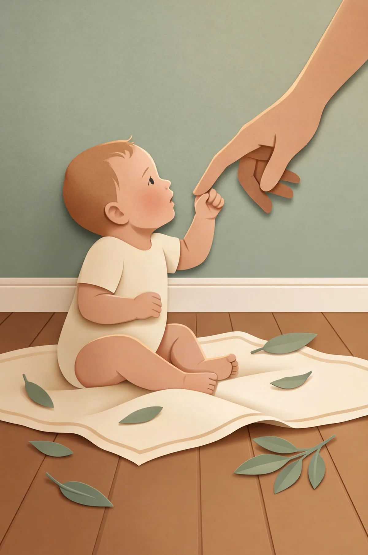 A baby sitting on a rug, reaching up to hold a grown-up’s finger