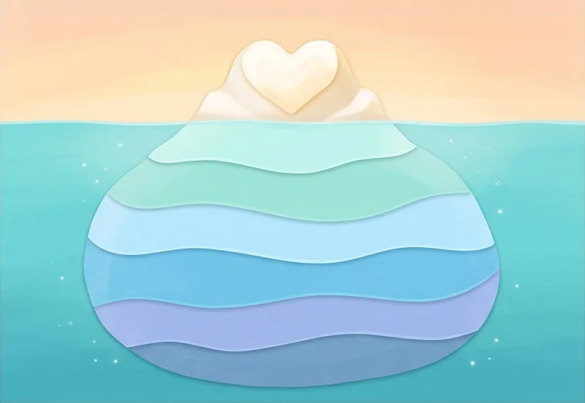 A painted picture of a heart-shaped iceberg tip above calm water, with soft bands of colour beneath
