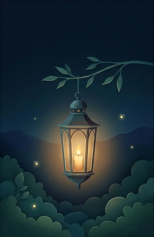 A lantern glowing in a dark garden