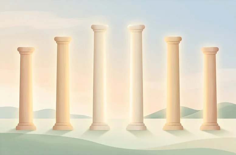 Six glowing pillars standing in a soft landscape